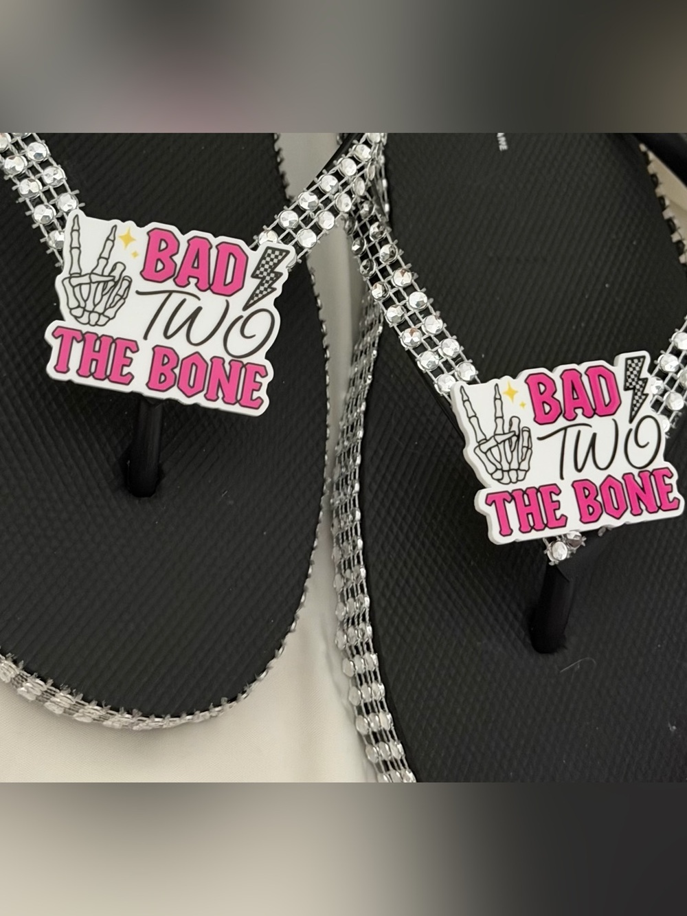 Bad to the Bone Rhinestone Black Flip Flops